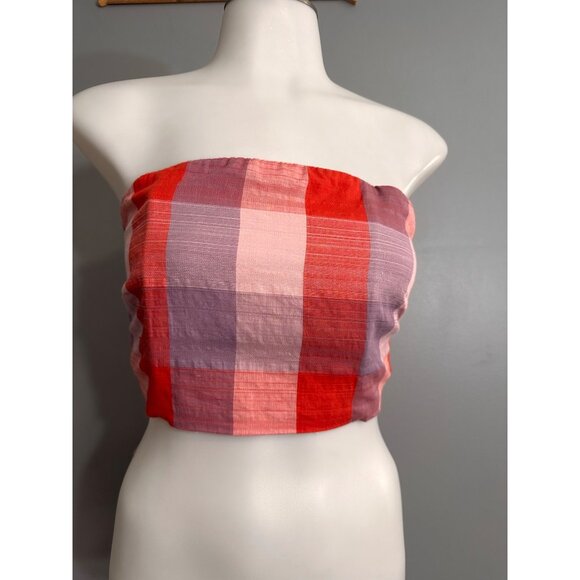 English Factory NWOT Pink Red & Lavender Buffalo Check Multi-Way Tie Top Small - Picture 2 of 13
